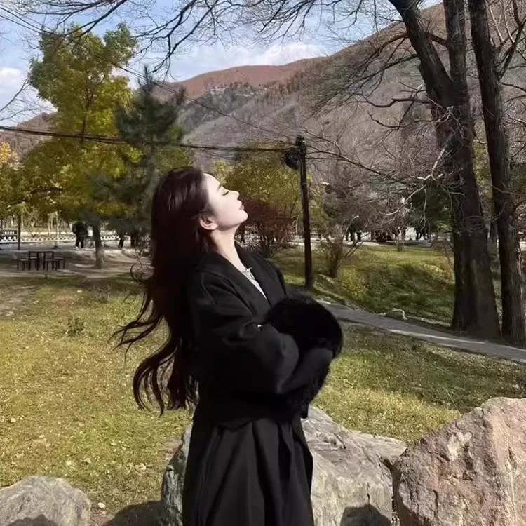 高端仿真狐狸毛袖口双面呢子大衣女秋冬长款韩系高级感毛呢外套