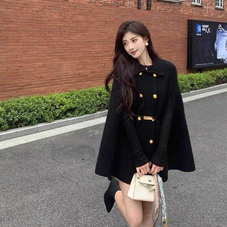 高档【不起球】休闲潮流新款斗篷双排秋时尚仿毛呢外套收腰大衣显瘦