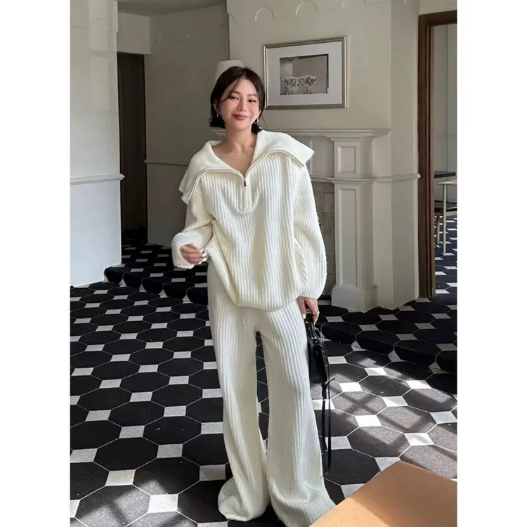 慵懒松弛感大翻领毛衣阔腿裤套装时尚洋气减龄显瘦遮肉两件套