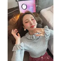 智英欧尼【藏青色短袖羔冬季上衣女+花瓣打底衫毛针织衫内搭灰色】