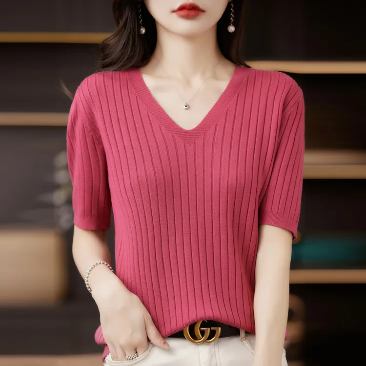 【春秋可穿】女士中袖纯色V领洋气上衣时尚百搭显瘦针织衫宽松气质