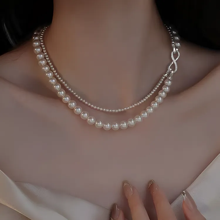 非金属仿珍珠吊坠 可拆分双层叠戴8字扣珠珠项链新款链女