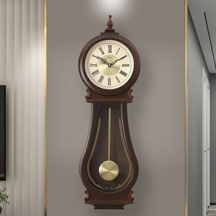 复古客厅家用钟表进口静音机芯时钟欧式轻奢实木卧室创意报时挂钟