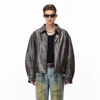 IMXS翻领夹棉插肩袖夹克宽松秋冬季保暖棕色美式复古pu皮衣外套男