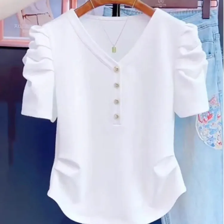 网红爆款v领不规则褶皱短袖T恤夏季新款微胖mm洋气独特别致上衣服
