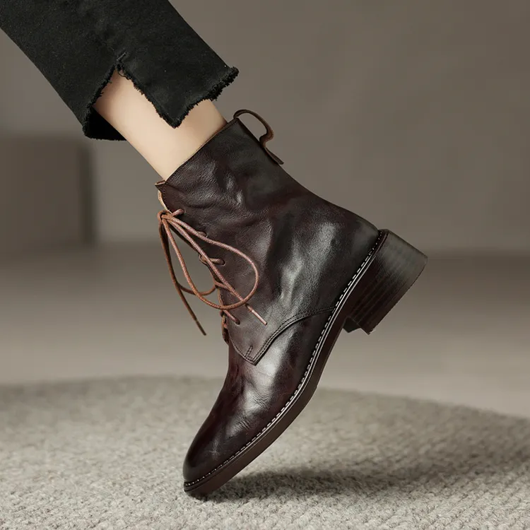 复古头层牛皮系带短靴百搭中跟英伦风马丁靴舒适软底真皮大码靴子