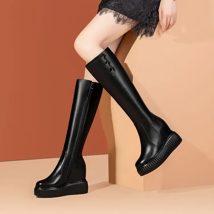 【陌妃】防水台厚底时装靴女鞋真皮时尚坡跟高筒靴高跟鞋瘦瘦靴女靴