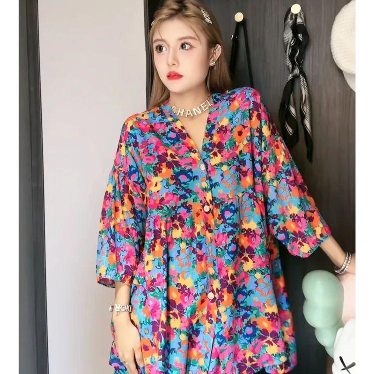 蓝色百搭衣服流行夏季时尚大码开衫灯笼袖套装女士休闲宽松家居服