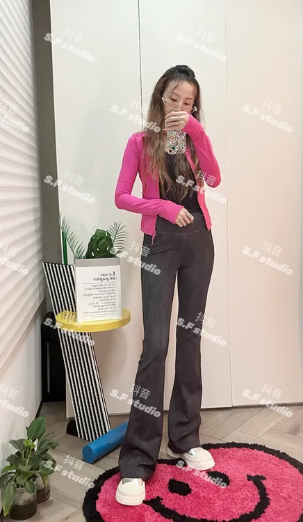 【S.F 厚绒】冬季仿牛仔秋冬新款口袋加绒微喇裤高弹运动休闲百搭