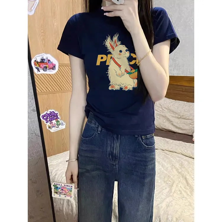 时髦穿搭印花短袖t恤女韩系ins洋气大码体恤修身弹力显瘦正肩上衣
