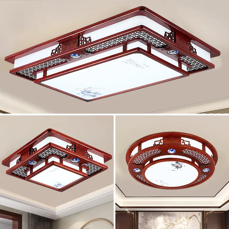 新中式木艺吸顶灯客厅灯实木长方形卧室led灯广东中山灯具中国风