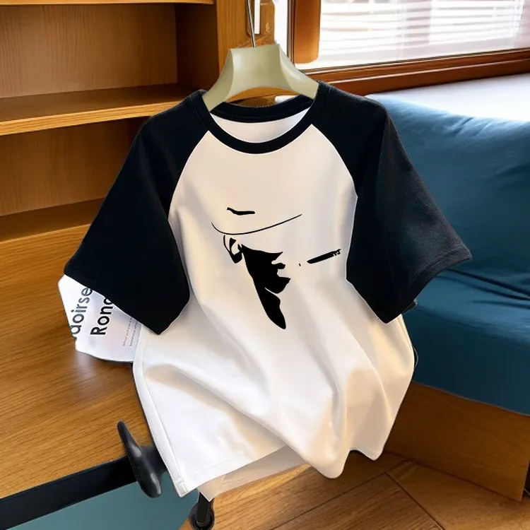 仓石一树美式高街潮牌短袖t恤男夏季印花插肩袖撞色重磅宽松半袖 