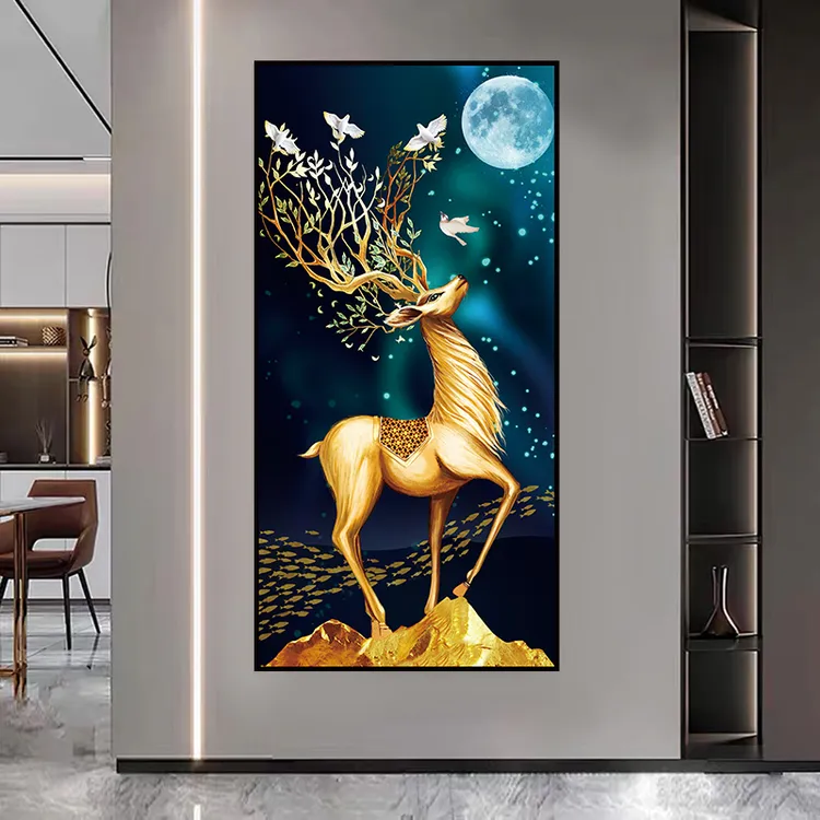 新中式吉祥麋鹿入户玄关装饰壁画现代简约轻奢高级感自粘墙面贴画