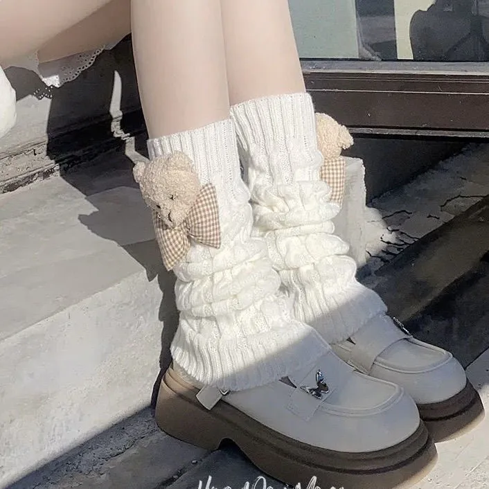 小熊玩偶袜套针织秋冬日系保暖腿套白色中筒堆堆袜可爱jk袜子女潮