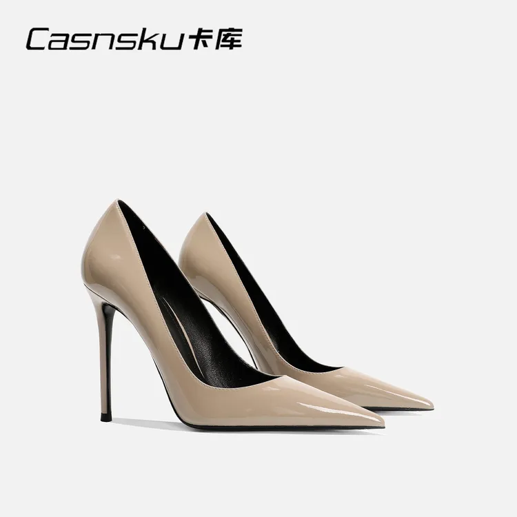 CASNSKU/卡库大象灰细跟高跟鞋时尚气质漆皮通勤单鞋女2024新款