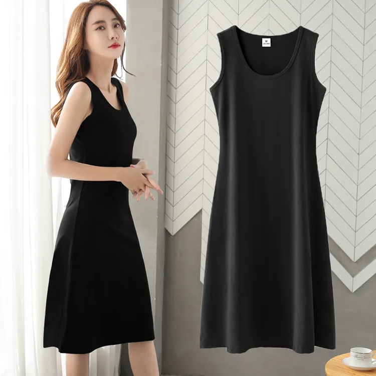 无袖小黑裙子背心长裙2025女秋季外穿内搭吊带a字黑色打底连衣裙