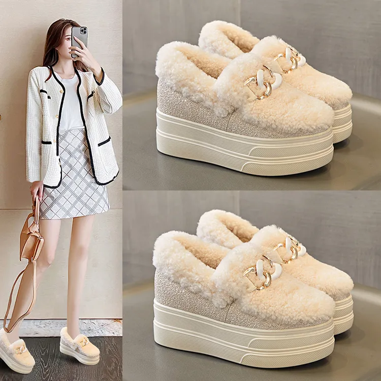 毛毛鞋女外穿一脚蹬保暖加绒小个子内增高乐福鞋松糕棉鞋子