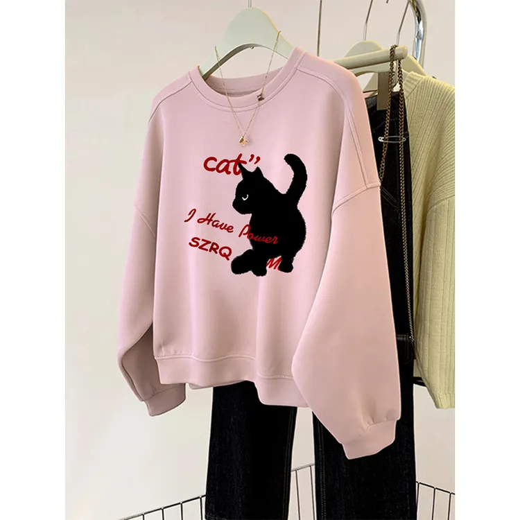 美式复古粉色圆领卫衣女2025春秋季新款大码胖mm显瘦遮肚外套