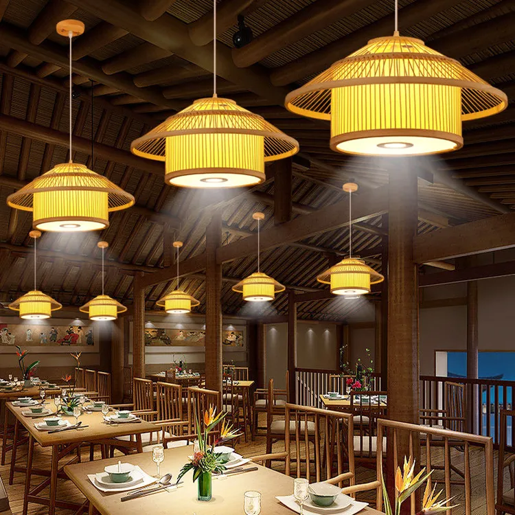 中式餐厅吊灯饭店烧烤火锅店包间卡座灯竹编灯笼餐饮鸟笼灯带射灯