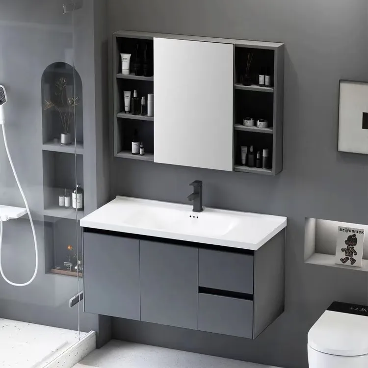 深灰铝合金双抽屉浴室柜陶瓷一体盆浴室柜防水防潮组合洗脸盆洗漱