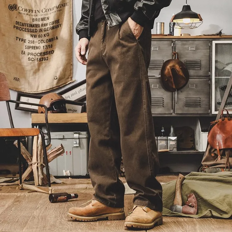 美式复古360g重磅工装裤子男加绒秋冬新款炒洗宽松直筒男士休闲裤
