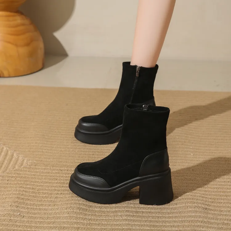 厚底高跟马丁靴新款短靴秋冬季新款英伦风复古弹力百搭小短靴