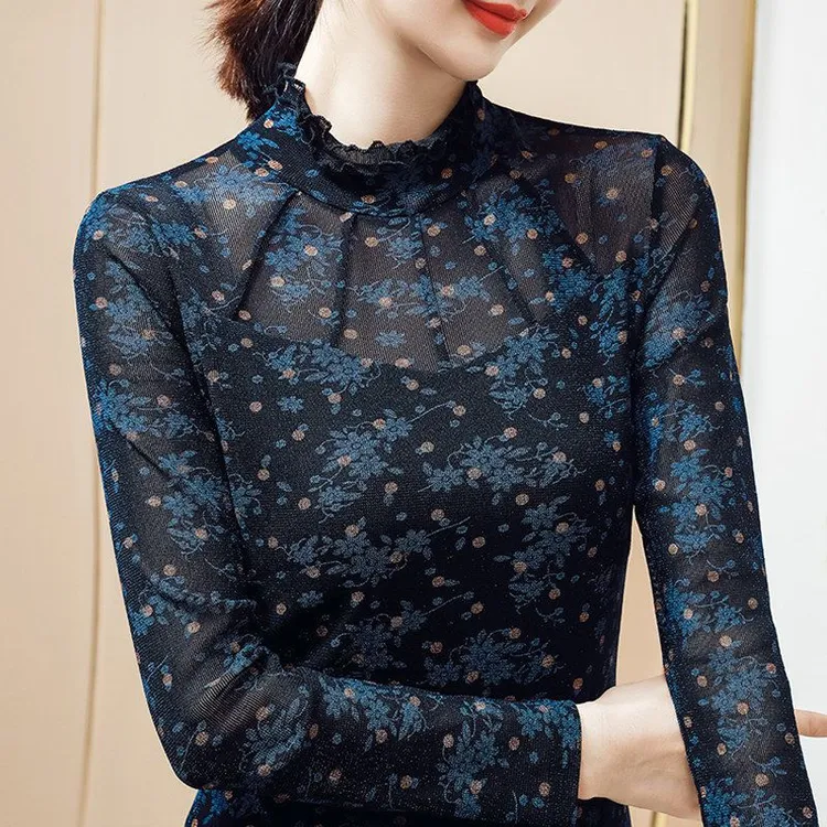 春秋新款网纱打底衫女长袖时尚内搭小衫洋气木耳领女士小衫上衣