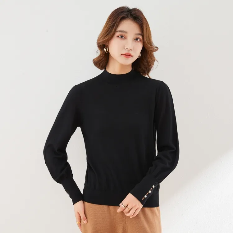 女士秋冬精纺带扣泡泡秀羊毛衫纯色100%羊毛