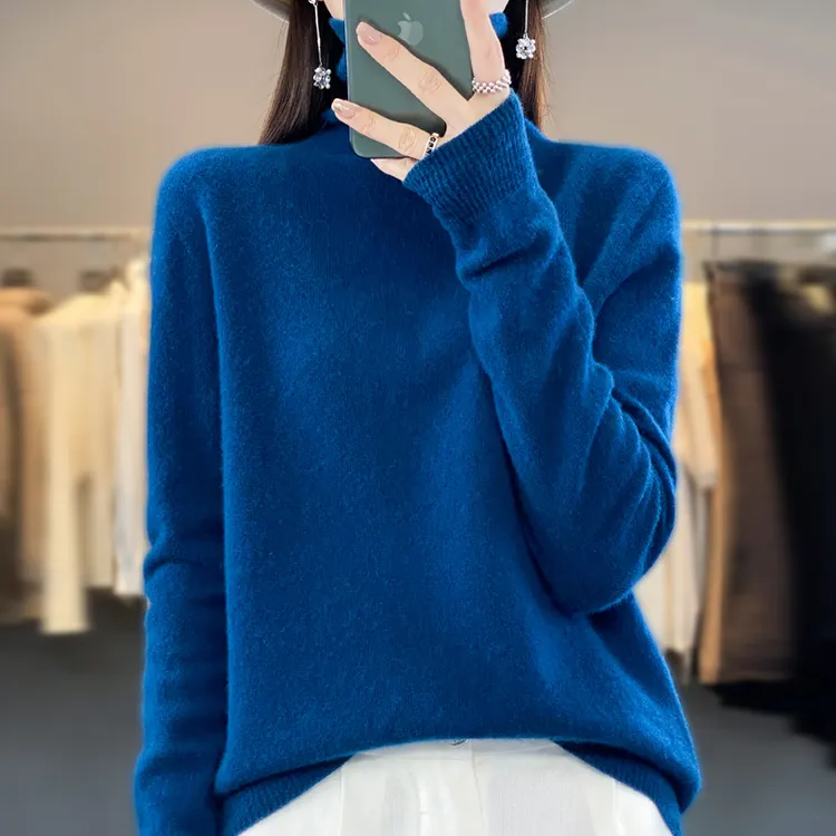 女士100%羊毛针织衫堆堆领纯色时尚