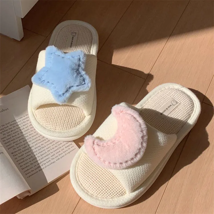 星星月亮亚麻拖鞋新款拖鞋居家室内情侣软底静音防滑吸汗简约凉拖