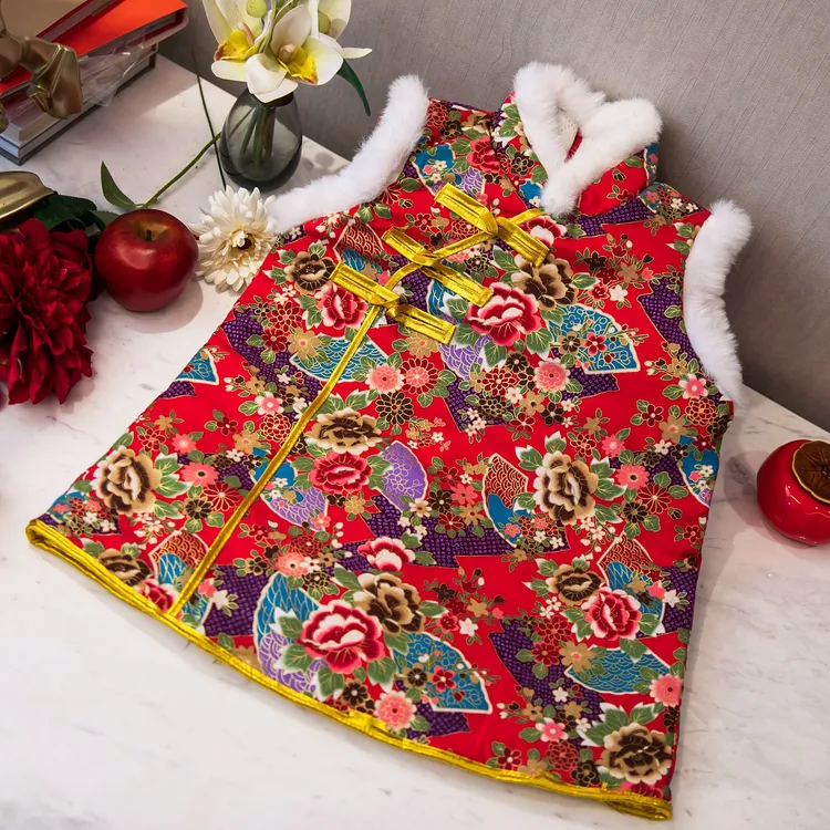 女童过年旗袍裙秋冬款夹棉提花背心裙新中式连衣裙民国风新年裙子