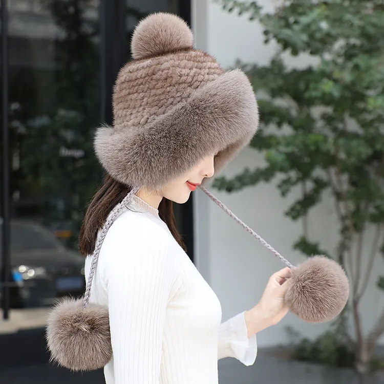 新款冬季保暖水貂毛编织狐狸毛护耳皮草帽子女可爱真毛球球风雪帽