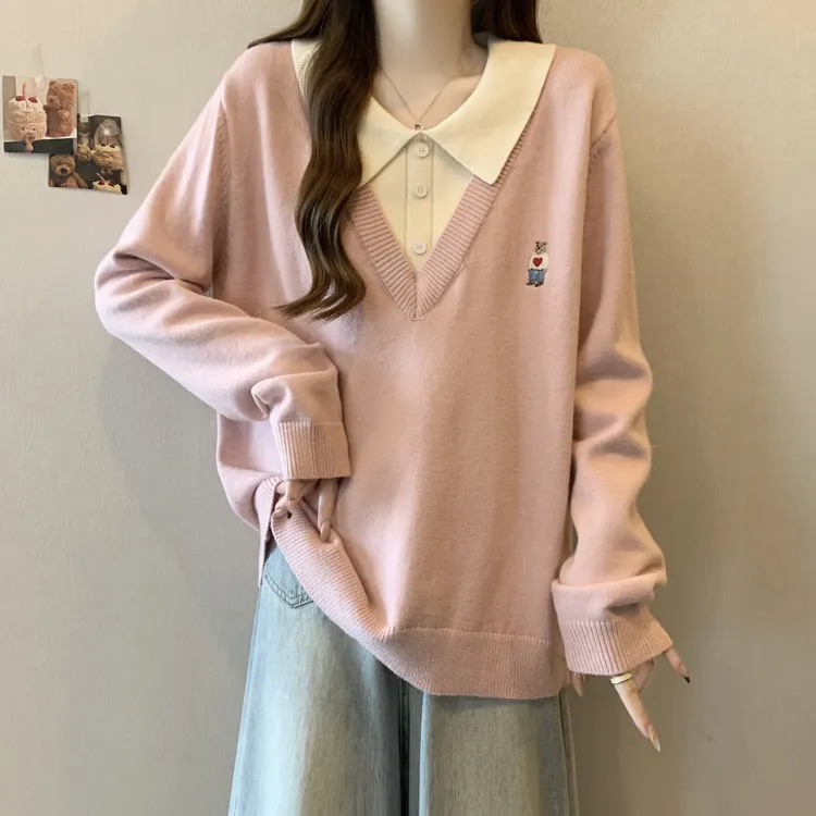 大码女装polo领刺绣假两件长袖打底衫秋冬胖妹妹遮肚显瘦针织上衣