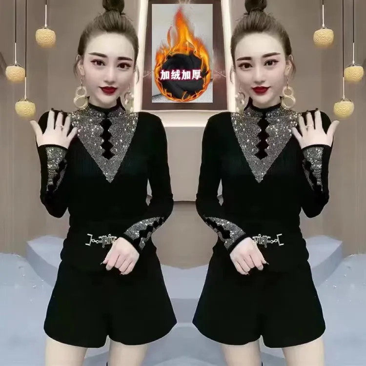 网红时尚女黑色加绒T恤小衫半高领长袖烫钻百搭打底衫上衣888#