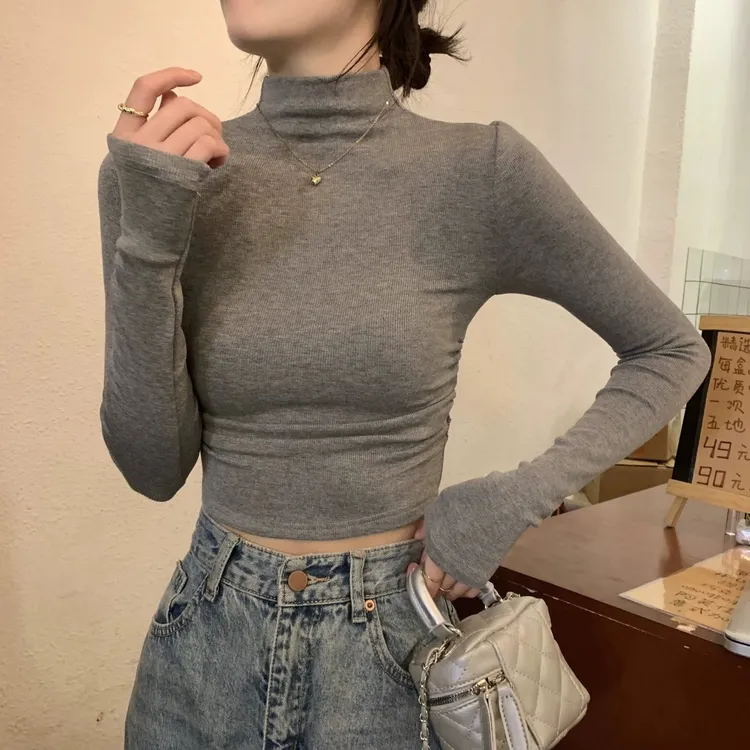 春秋半高领内搭腰部褶皱设计感打底衫短款修身磨毛T恤女装上衣ins