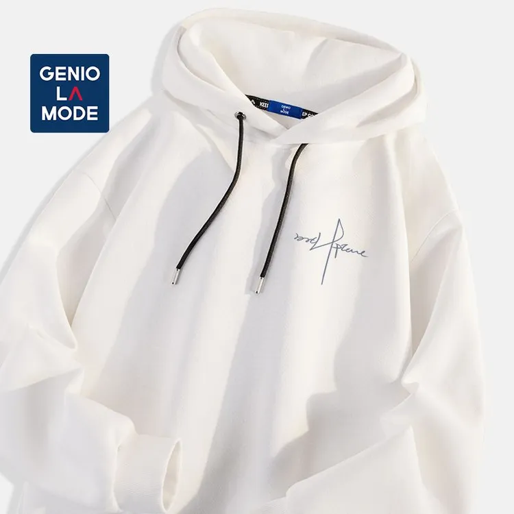 GENIOLAMODE白色连帽卫衣男春季宽松上衣青少年日系简约帽衫外套A