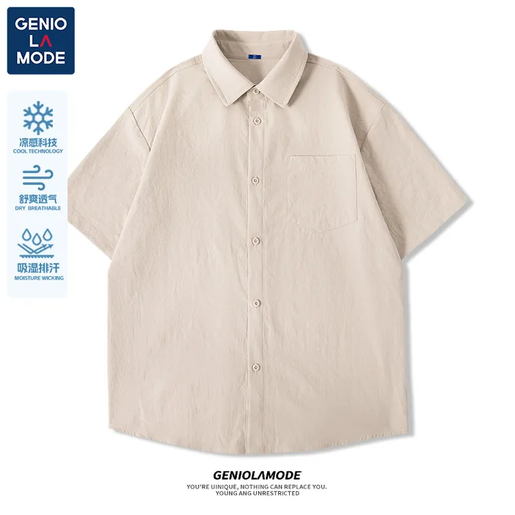 GENIOLAMODE凉呼呼冰丝短袖衬衫男夏季坠感半截袖弹力透气衬衣潮