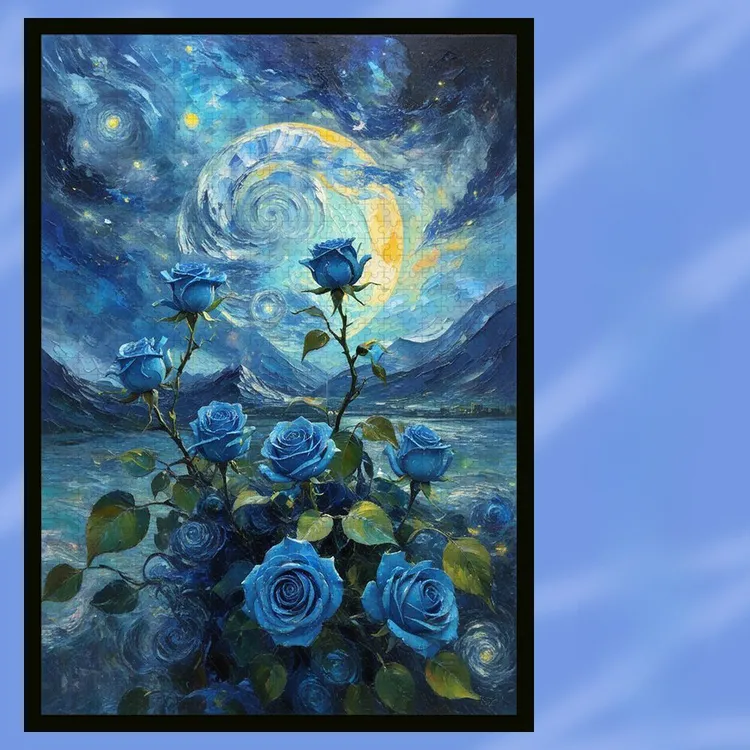 蓝色妖姬玫瑰花木质拼图 梵高diy卡通解压手工高难度拼图玩具生日