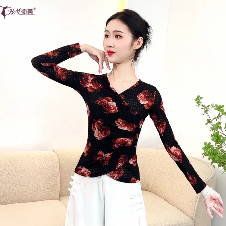 现代舞练功服上衣女修身显瘦长袖网纱印花中国古典舞民族舞训练服