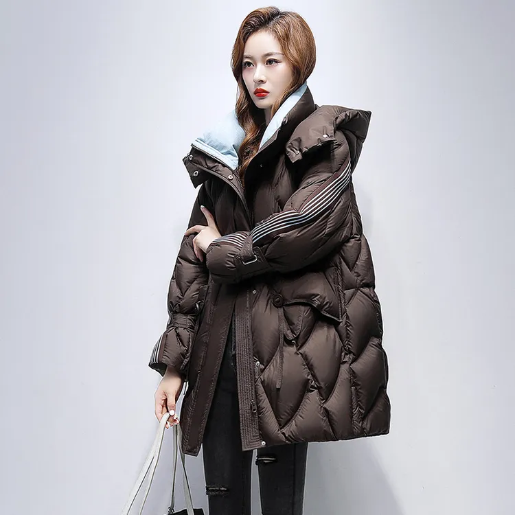 YAYA/鸭鸭羽绒服女2025新款冬季中长款设计感拼接外套宽松显瘦潮