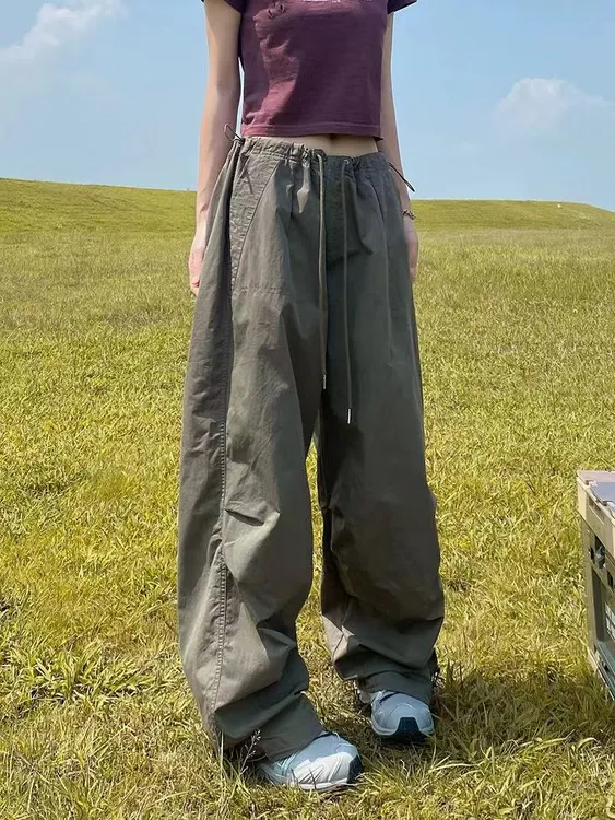 BINXLAN美式复古伞兵工装裤宽松纸袋报纸裤街头休闲降落伞裤子女