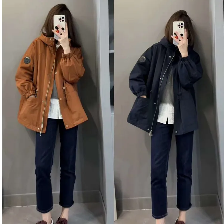 韩版防风连帽拉链冲锋衣外套女2025秋冬季新款宽松休闲中长款风衣