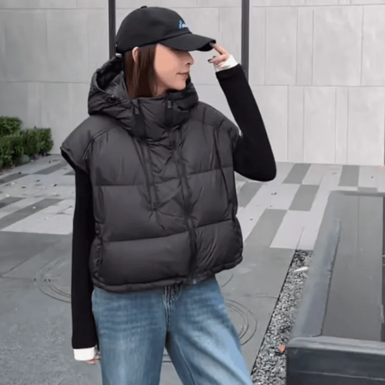 欧货保暖羽绒马甲女新款秋冬季百搭双拉链连帽时尚马夹坎肩上衣潮