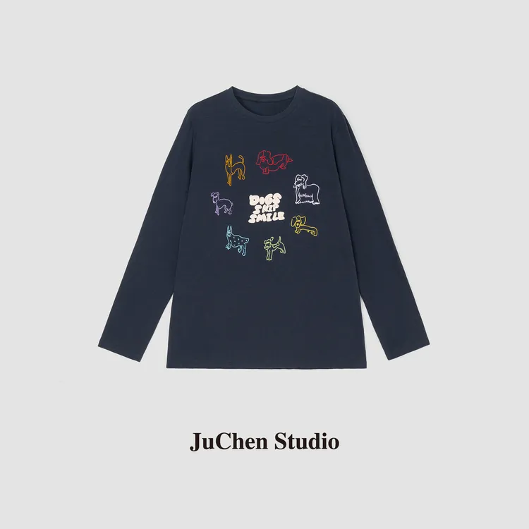 “修狗派对”童趣满满涂鸦卡通小狗刺绣字母长袖T恤 FW81842-16