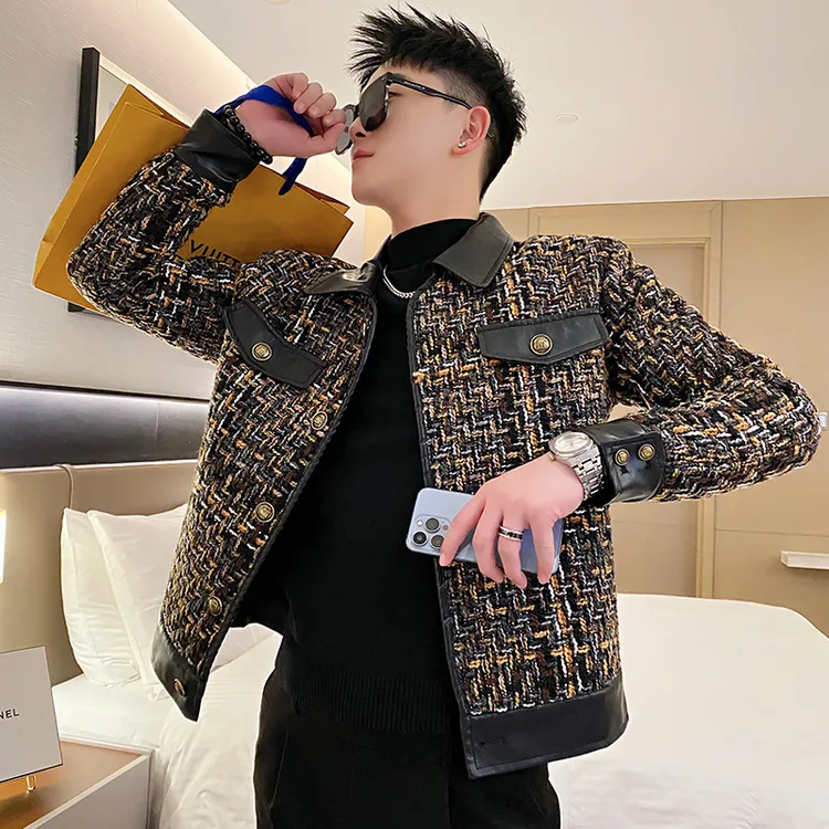 高级感编织拼皮外套男士春秋季2025新款韩版潮流痞帅休闲短款夹克