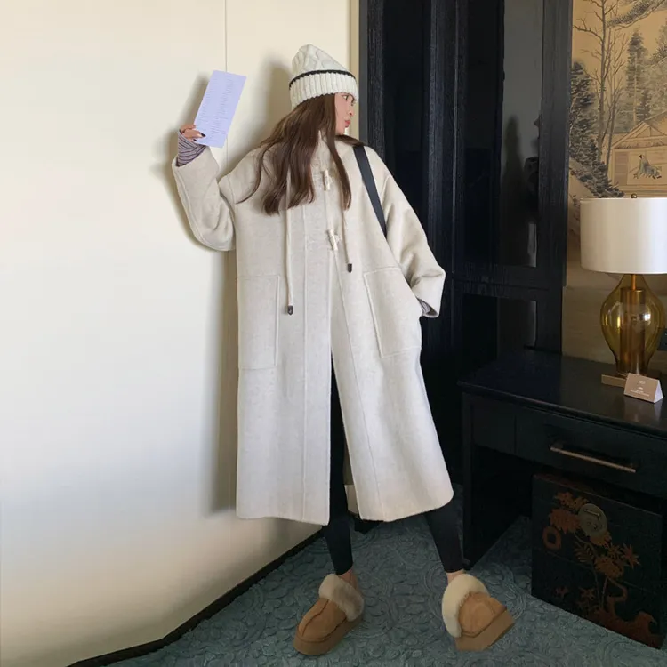 双面呢米白色时尚毛呢双面羊毛大衣女2025冬季新款感连帽呢子气质