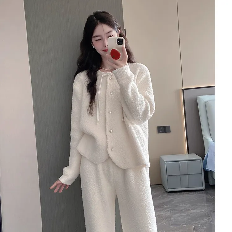 高级感睡衣女秋冬半边绒2024新款可外穿家居服套装软绵绵保暖加厚