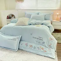 谢丽花香-加绒加厚牛奶绒四件套新款刺绣贴布绣公主风套件-蓝色