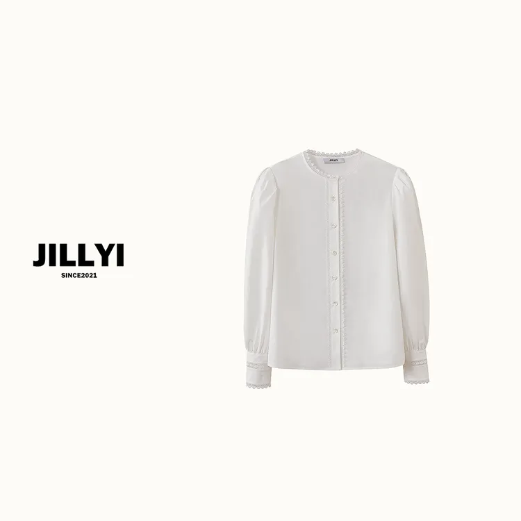 JILLYI【微醺少女】法式天花板圆领春季女士白色蕾丝衬衫
