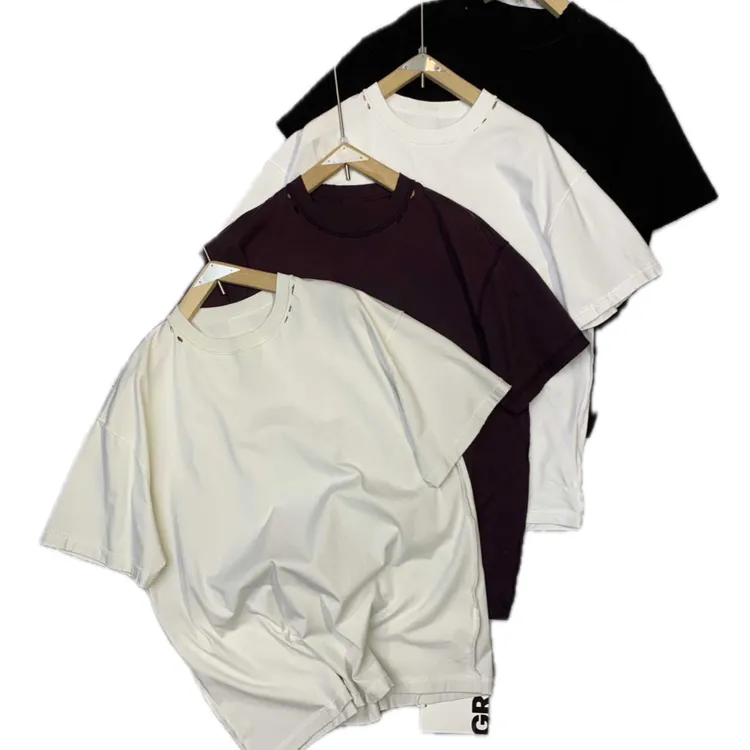 GRY重磅高克重反缝线设计高街男士破洞阿美咔叽纯棉夏季休闲T恤